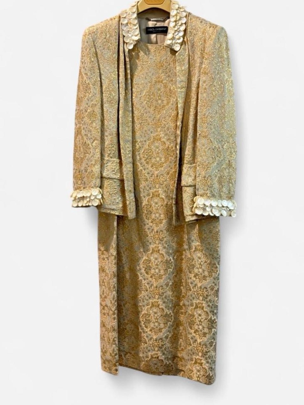 Dolce & Gabbana Gold Brocade Dress with Mother-of-Pearl Trim